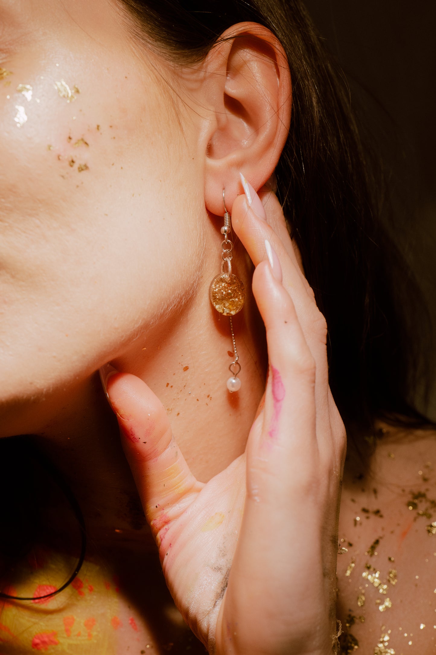 Golden Spark Dangle Earrings | Asymmetrical Design with Chain & Pearl | ResinDre image 1