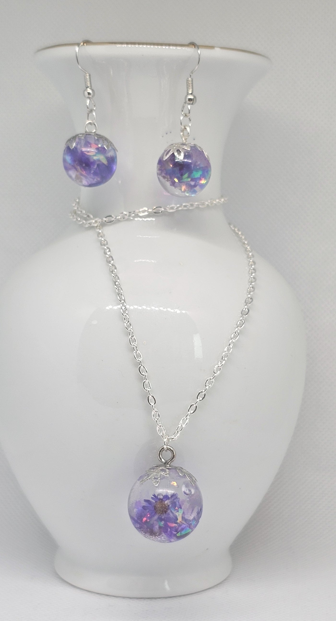 Dreamy Orb Jewellery Set – Purple Floral Resin Necklace & Earrings image 0