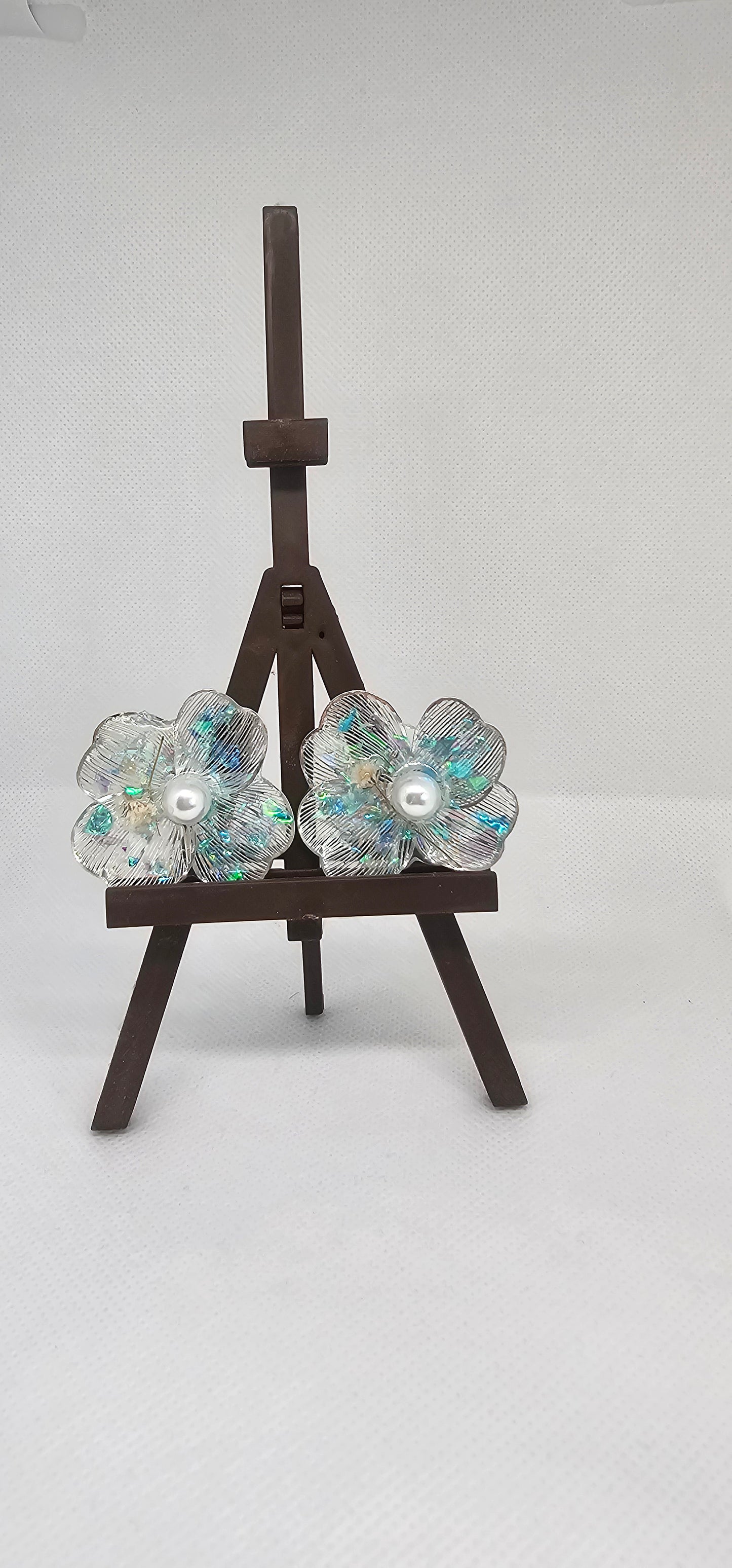 Iridescent Bloom – Silver  Petal Earrings with Pearlescent Center image 1