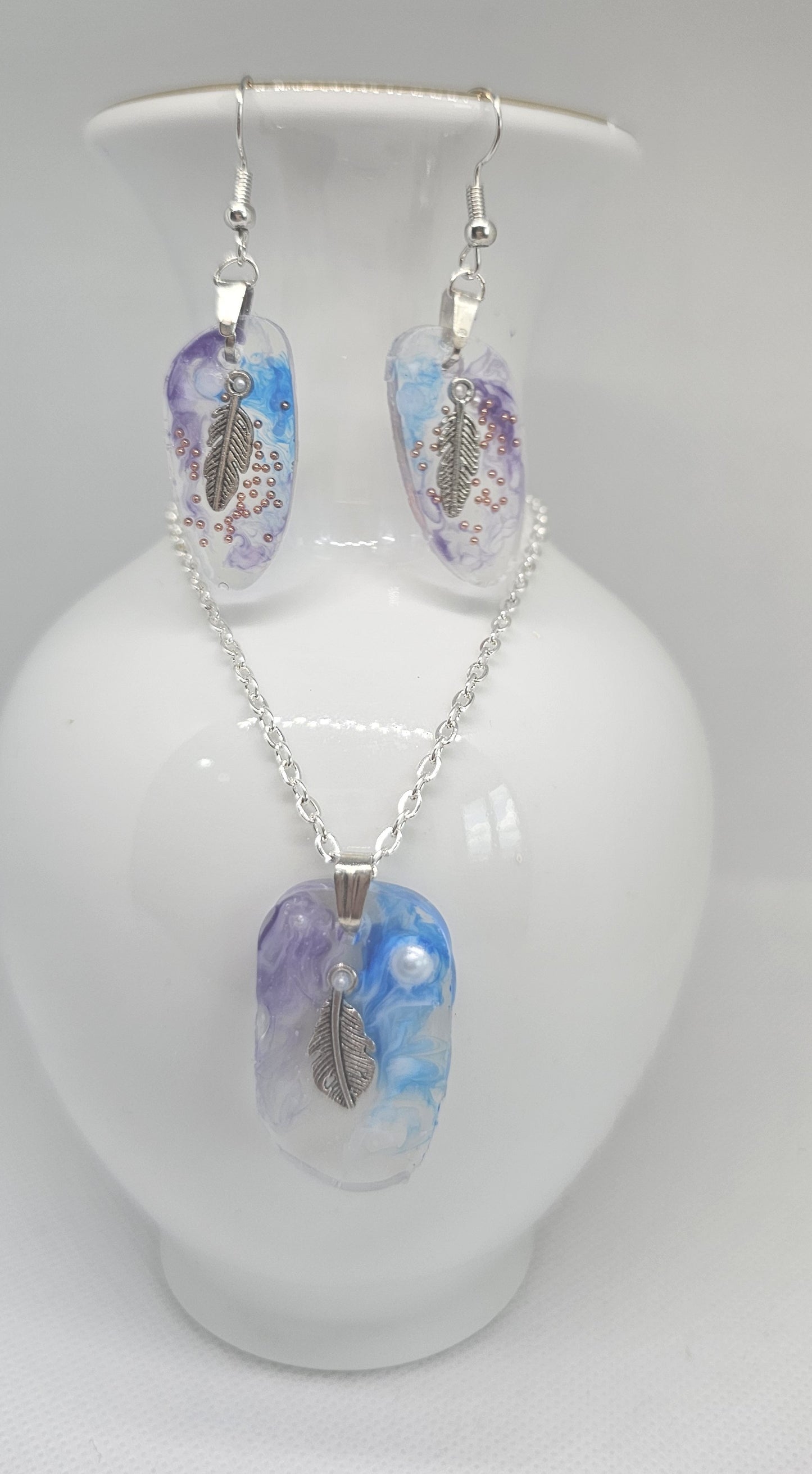 Feather Dream Resin Jewellery Set – Stainless Steel Earrings & Necklace image 1