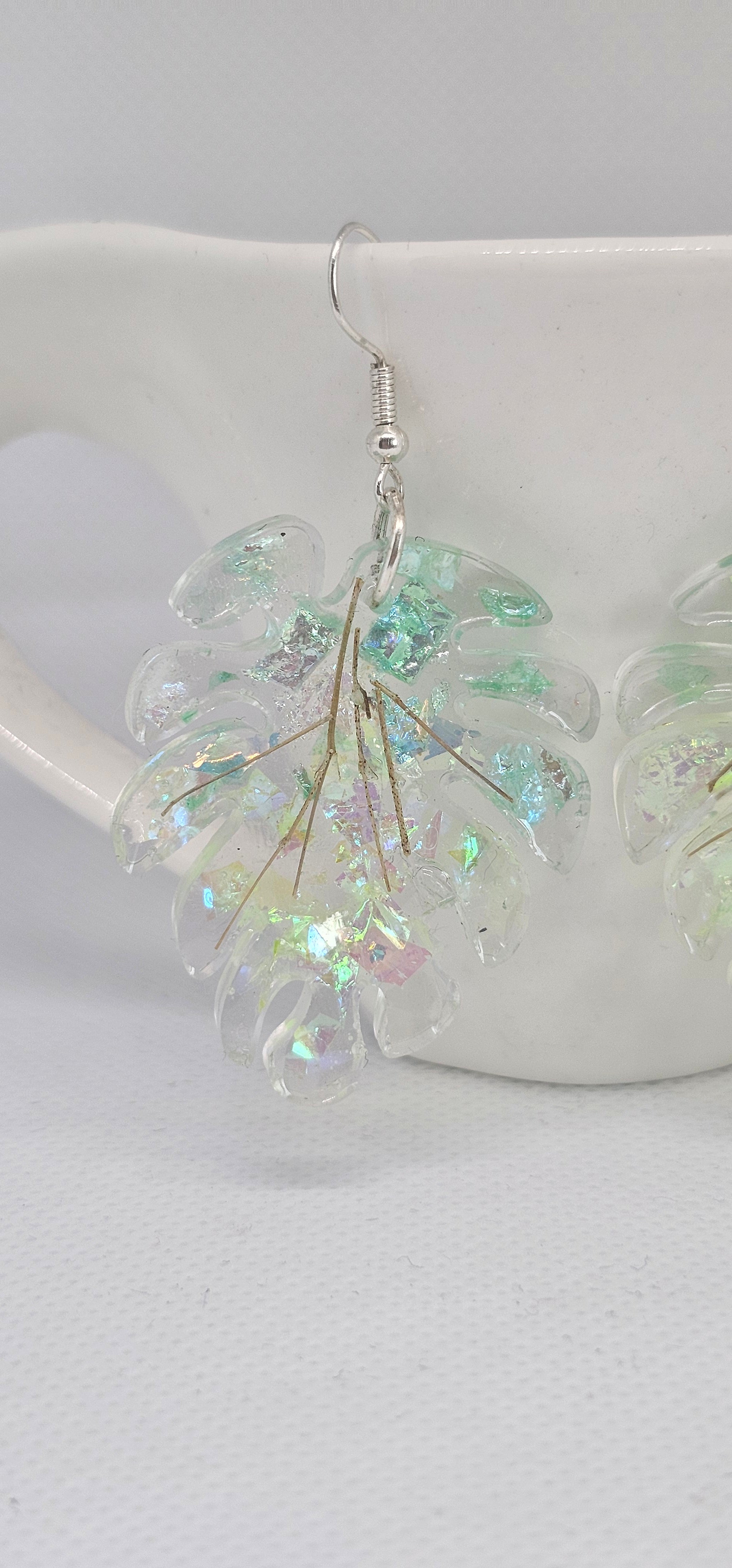 Tropical Mist Leaf Earrings – Iridescent Resin with Stainless Steel Hooks image 1