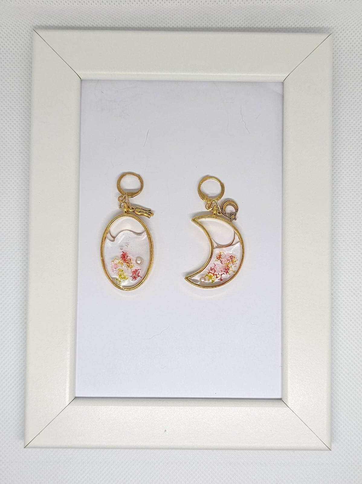 Bloom & Moon – Handmade Resin Earrings (Gold-Tone Mismatch Set)