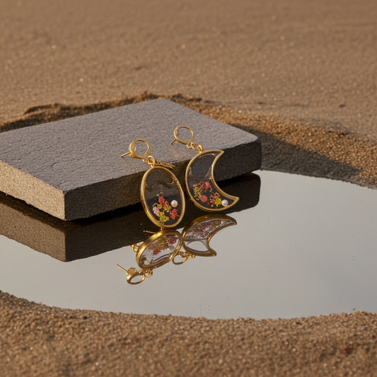 Bloom & Moon – Handmade Resin Earrings (Gold-Tone Mismatch Set)