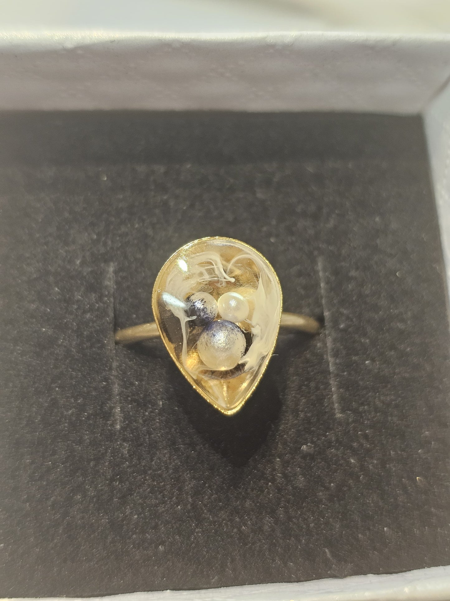 Handmade Teardrop Resin Ring with Pearls – One Size Adjustable Ring