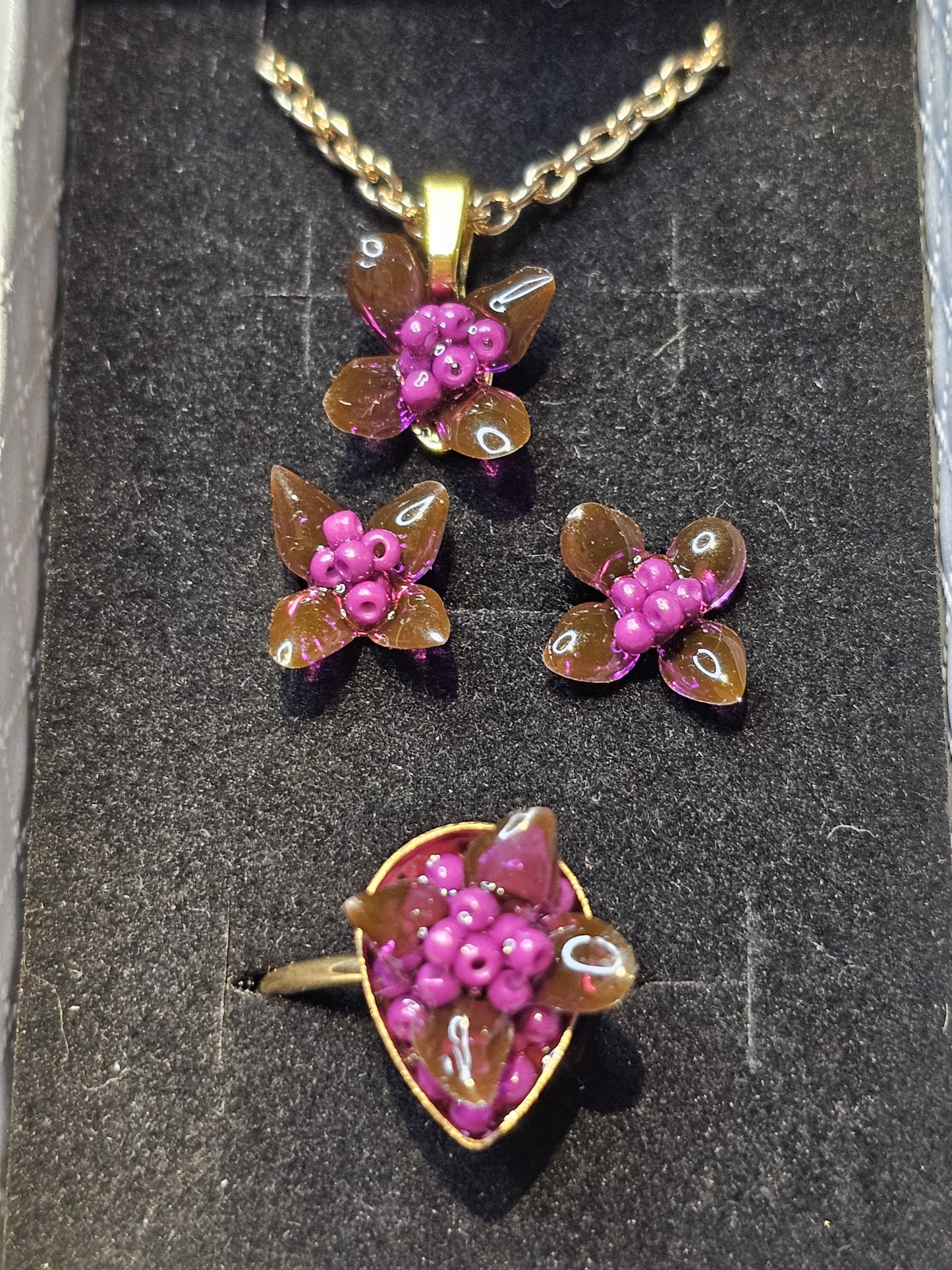 Purple Bloom Resin Jewellery Set – Necklace, Earrings & Ring