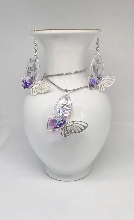 Purple Butterfly Resin Jewellery Set – Stainless Steel Necklace & Earrings image 0