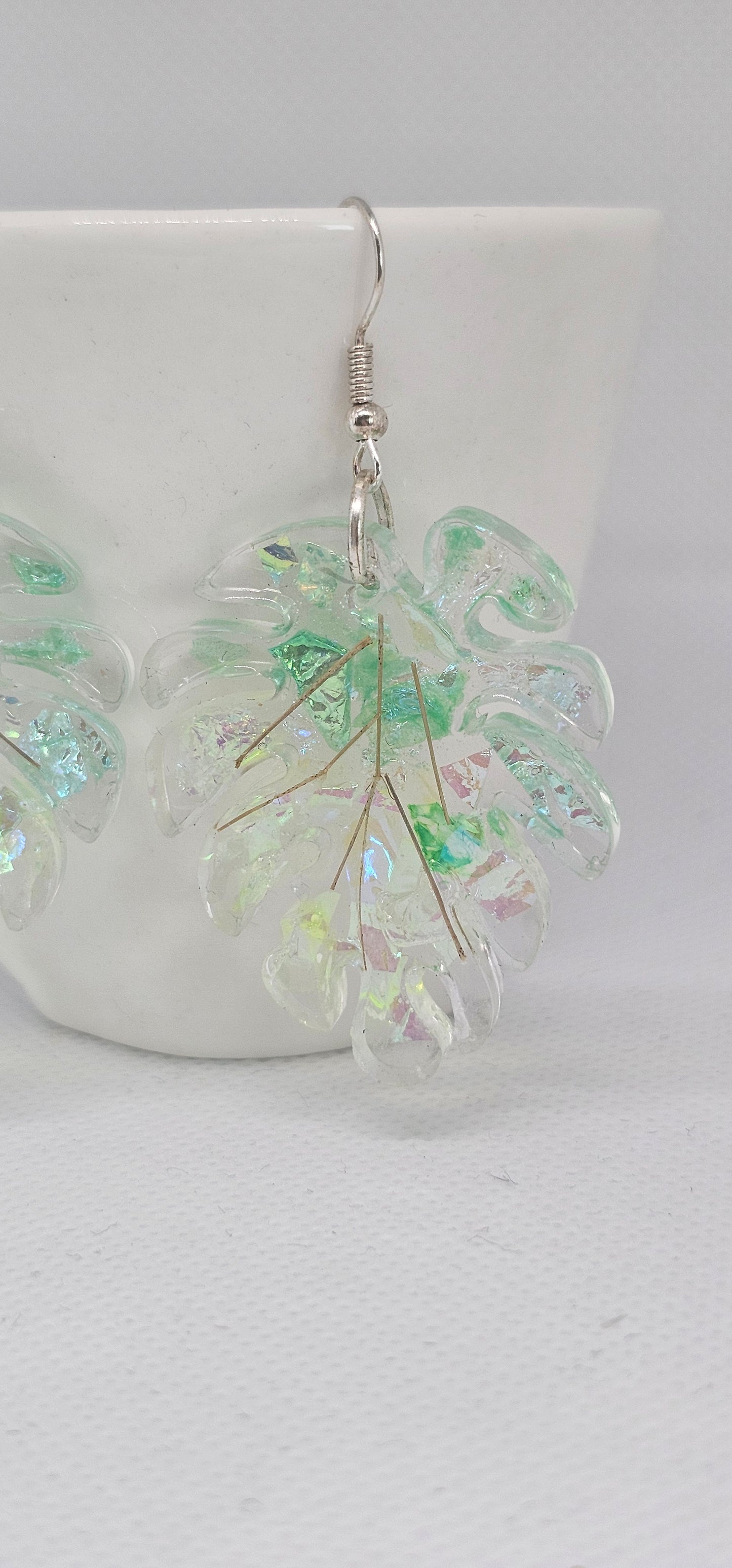 Tropical Mist Leaf Earrings – Iridescent Resin with Stainless Steel Hooks image 2