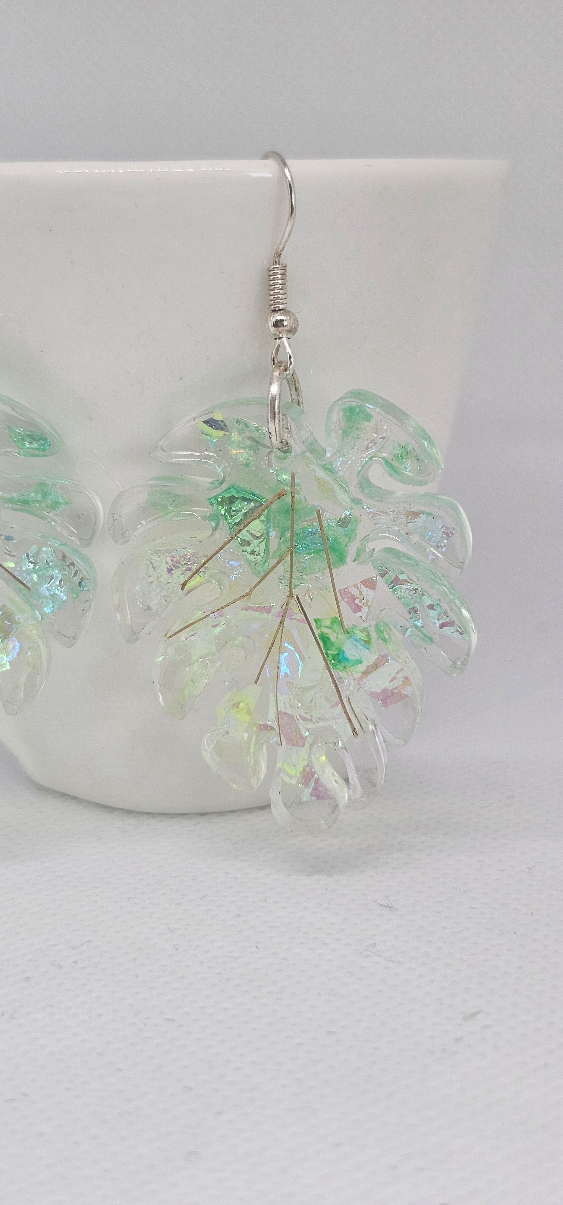 Tropical Mist Leaf Earrings – Iridescent Resin with Stainless Steel Hooks image 2