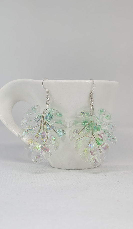 Tropical Mist Leaf Earrings – Iridescent Resin with Stainless Steel Hooks image 0