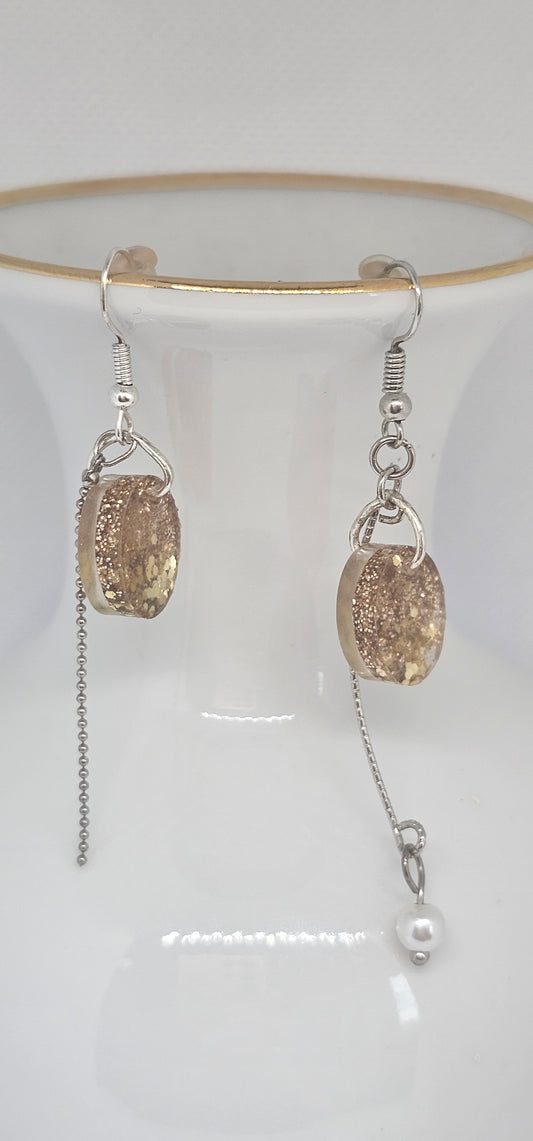 Golden Spark Dangle Earrings | Asymmetrical Design with Chain & Pearl | ResinDre image 0