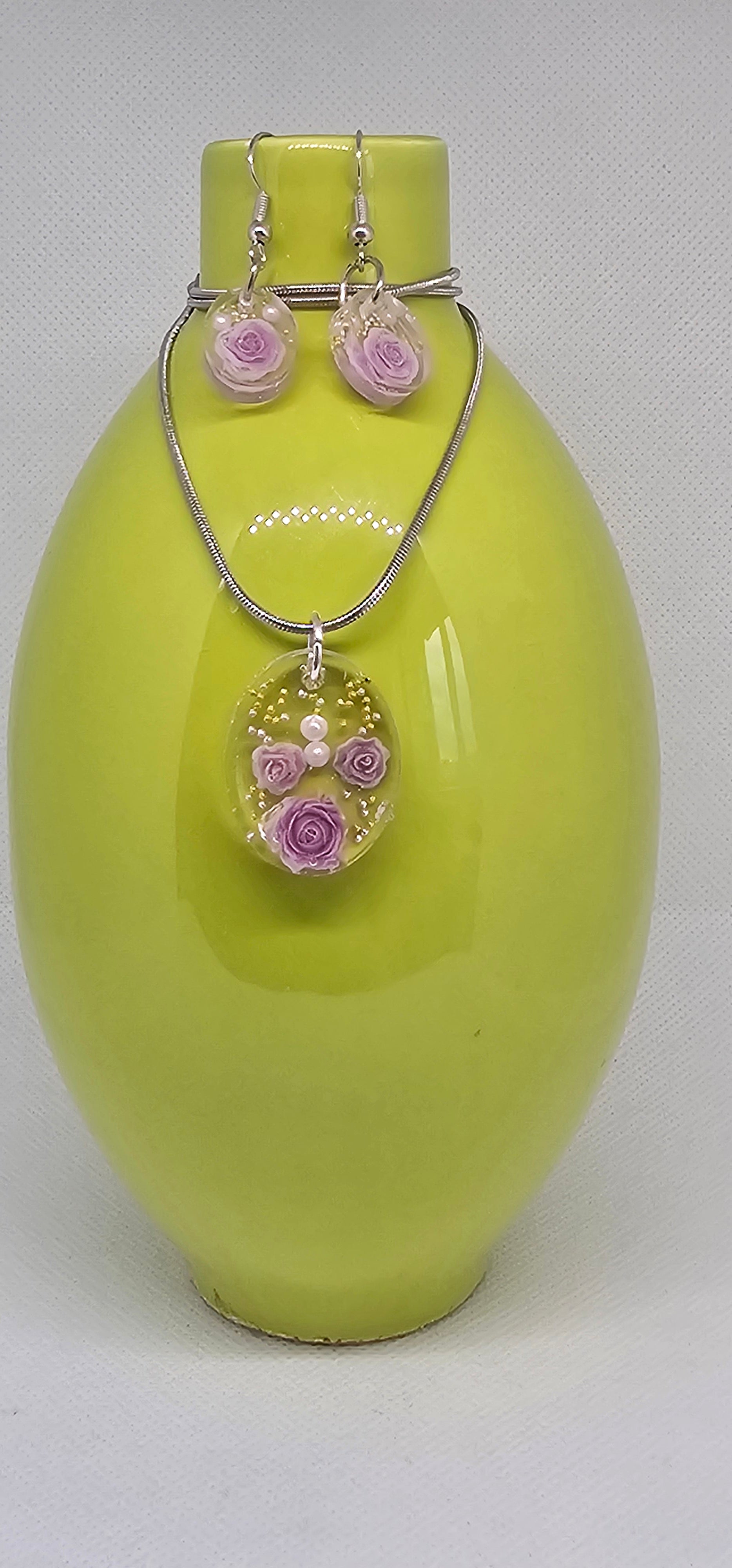 Pink Rose Garden Jewellery Set – Stainless Steel Necklace & Earrings image 1