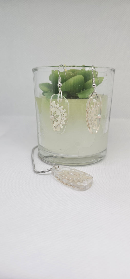 White Lace & Pearl Resin Jewellery Set – Stainless Steel Earrings & Necklace image 0