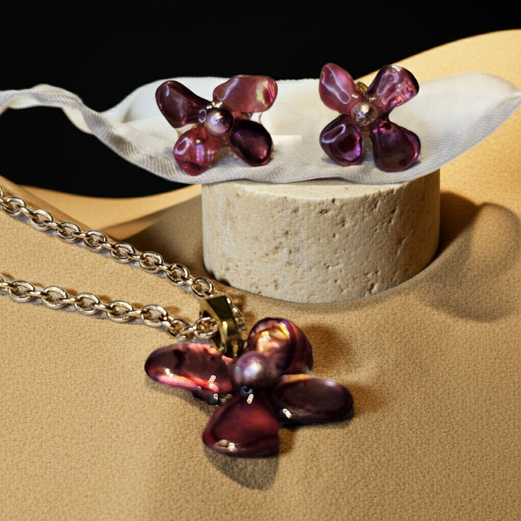 Rose Amethyst Bloom Resin Jewellery Set – Handcrafted Necklace & Earrings | Resin & Root