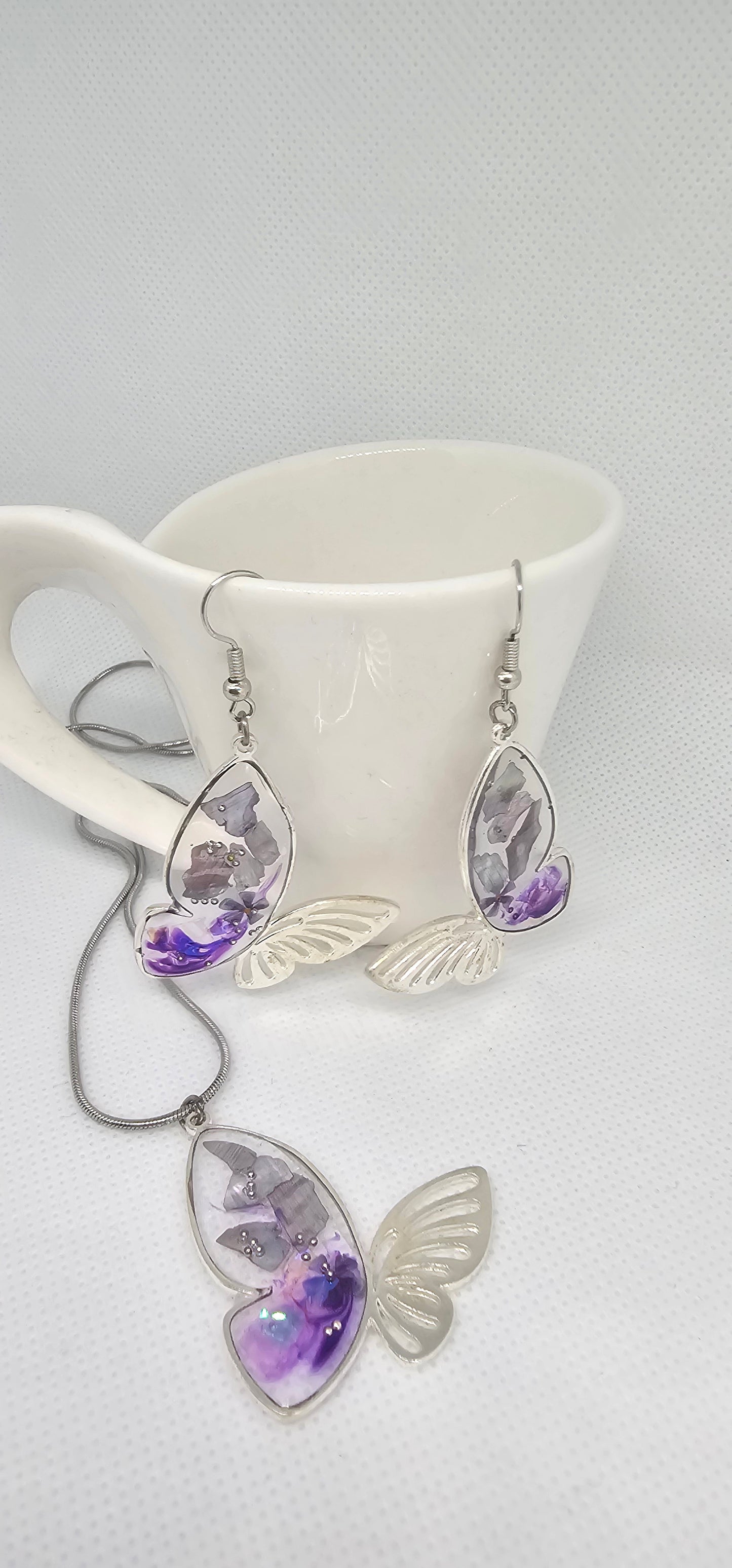 Purple Butterfly Resin Jewellery Set – Stainless Steel Necklace & Earrings image 1