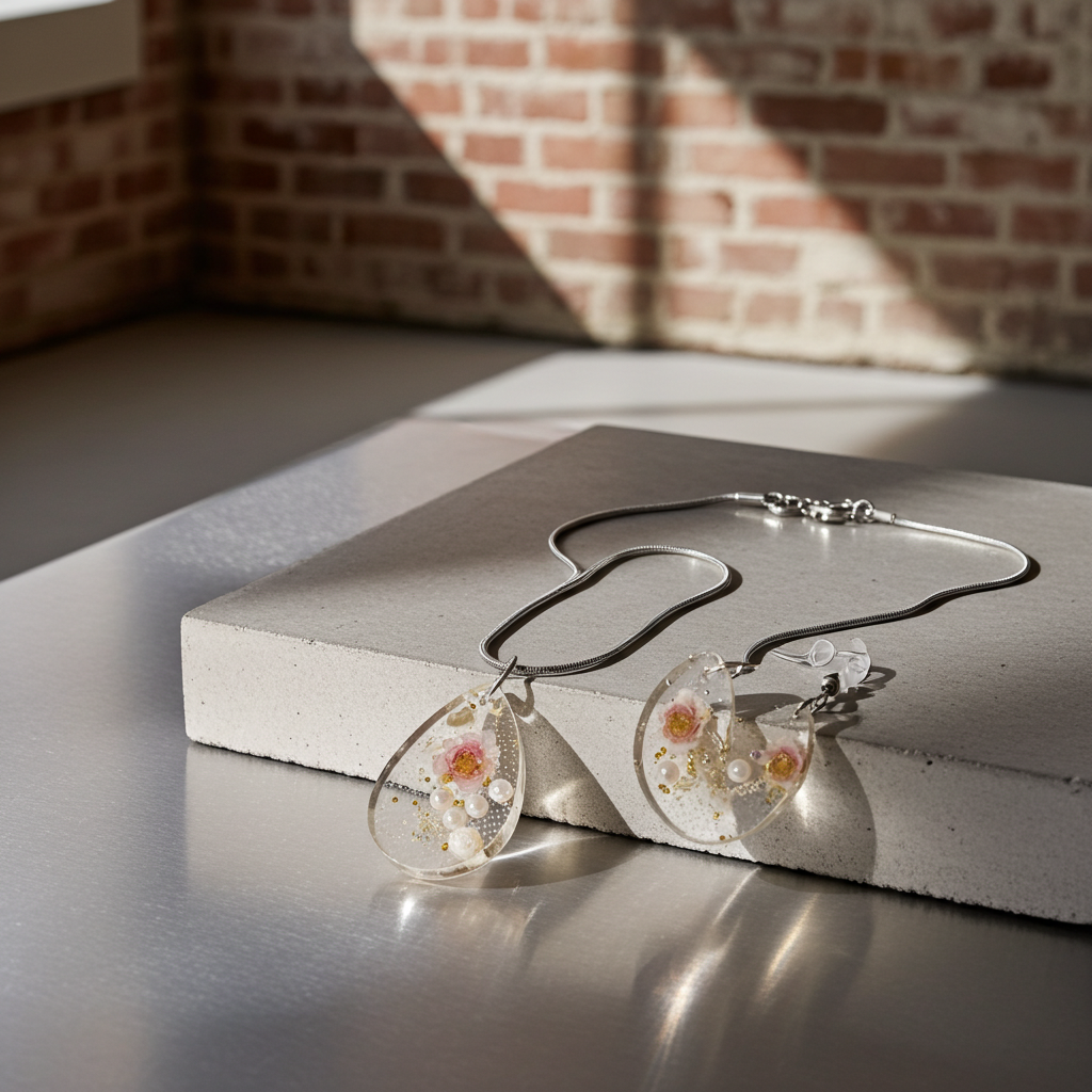 Blossom Raindrop Jewellery Set – Stainless Steel & Resin