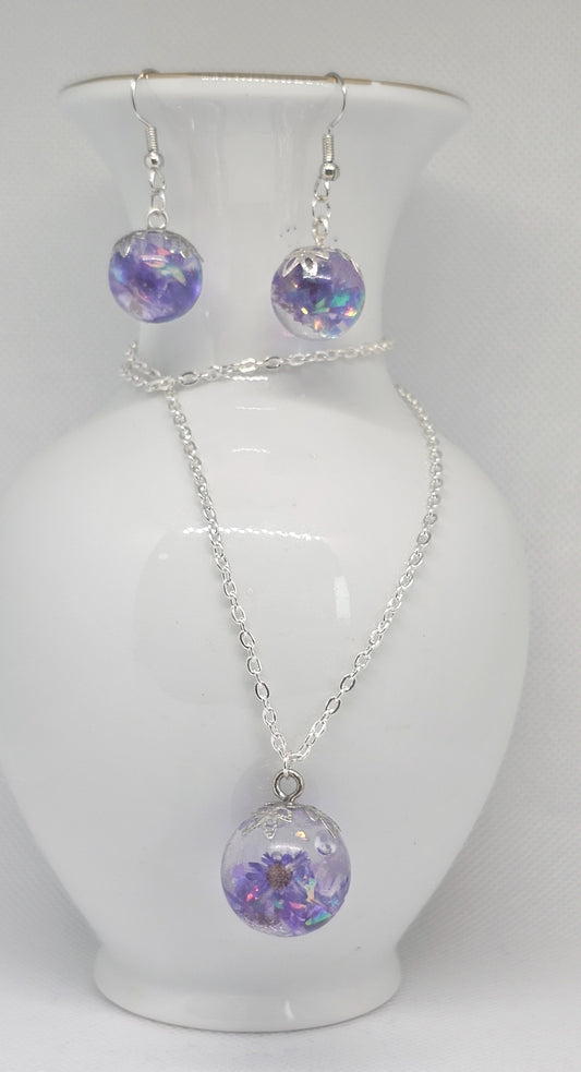 Dreamy Orb Jewellery Set – Purple Floral Resin Necklace & Earrings image 0