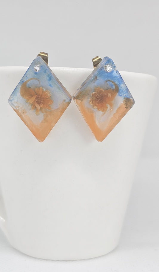 Diamond Resin Earrings with Orange Flowers | Art Collection image 0