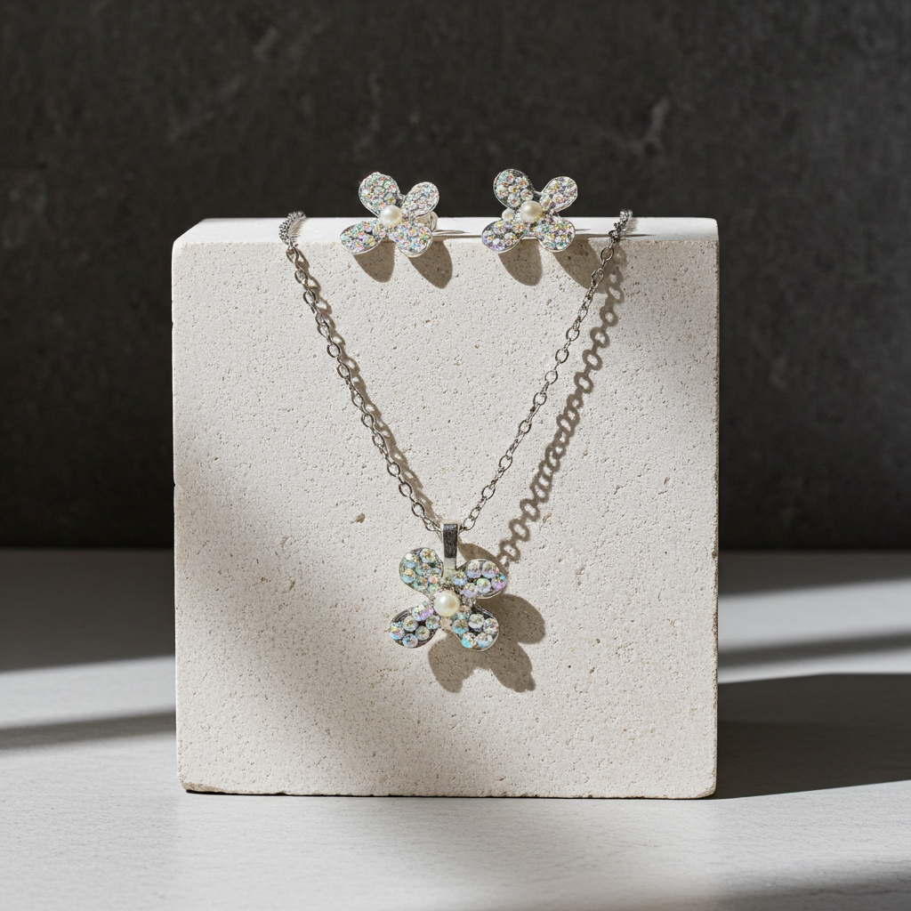 Iridescent Bloom Resin Jewellery Set – Handcrafted Flower Necklace & Earrings | Resin & Root