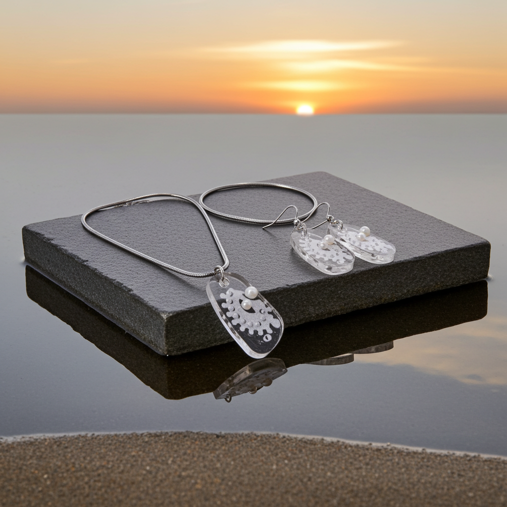 White Lace & Pearl Resin Jewellery Set – Stainless Steel Earrings & Necklace