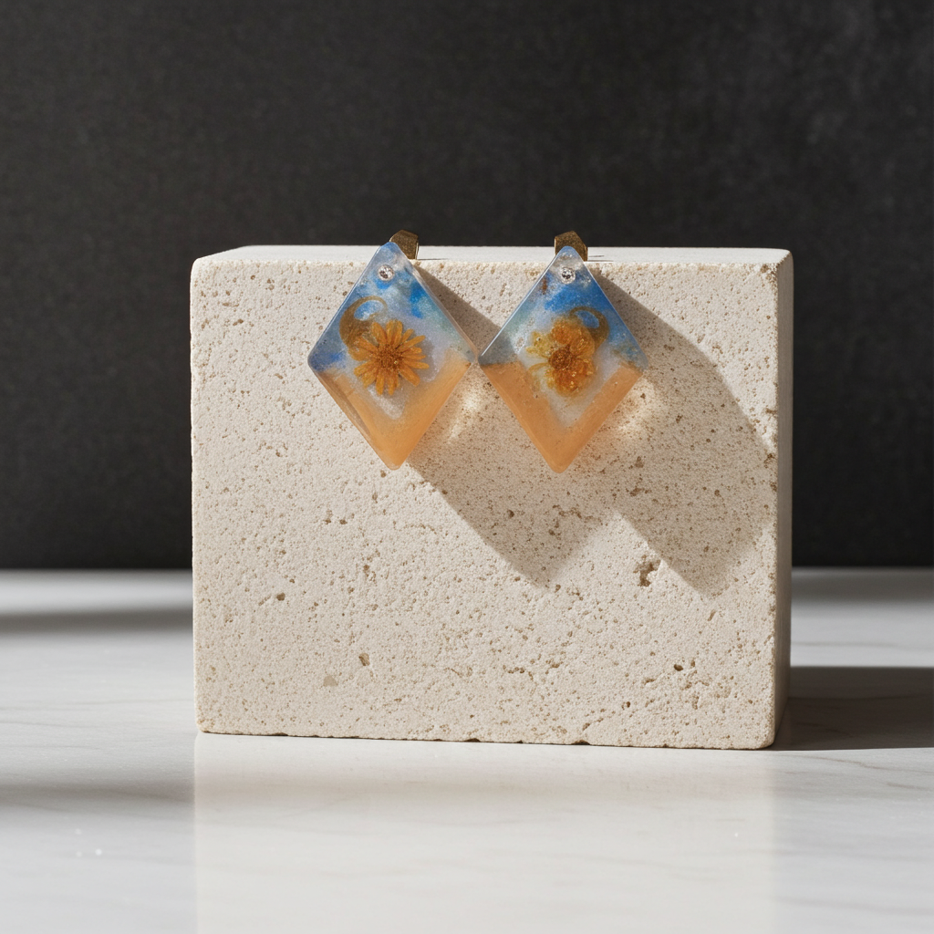 Diamond Resin Earrings with Orange Flowers | Art Collection
