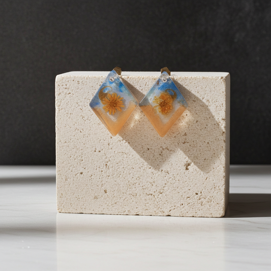 Diamond Resin Earrings with Orange Flowers | Art Collection