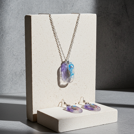 Feather Dream Resin Jewellery Set – Stainless Steel Earrings & Necklace