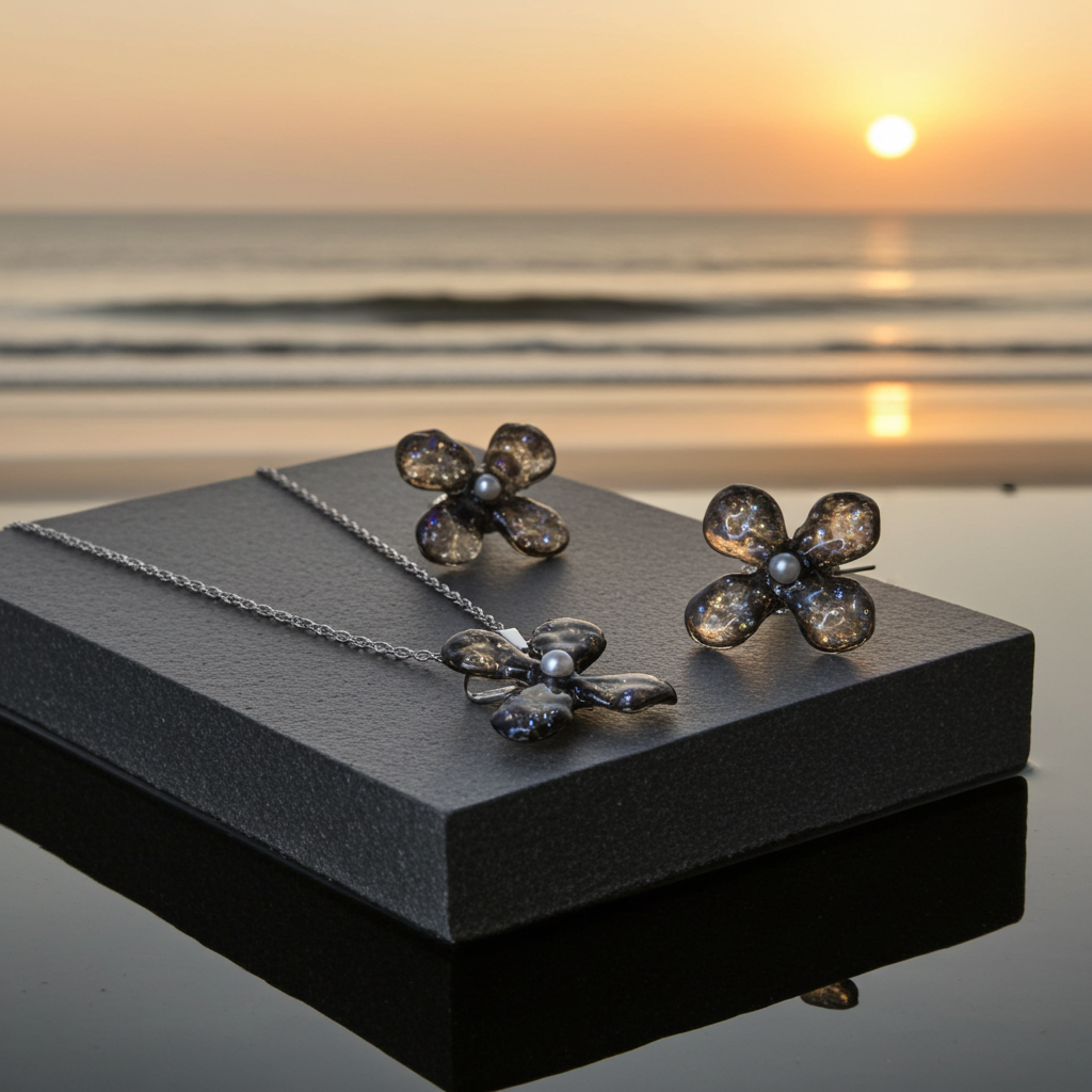 Handmade Dark Pearl Floral Resin Jewellery Set | Necklace, Earrings & Ring – Resin & Root