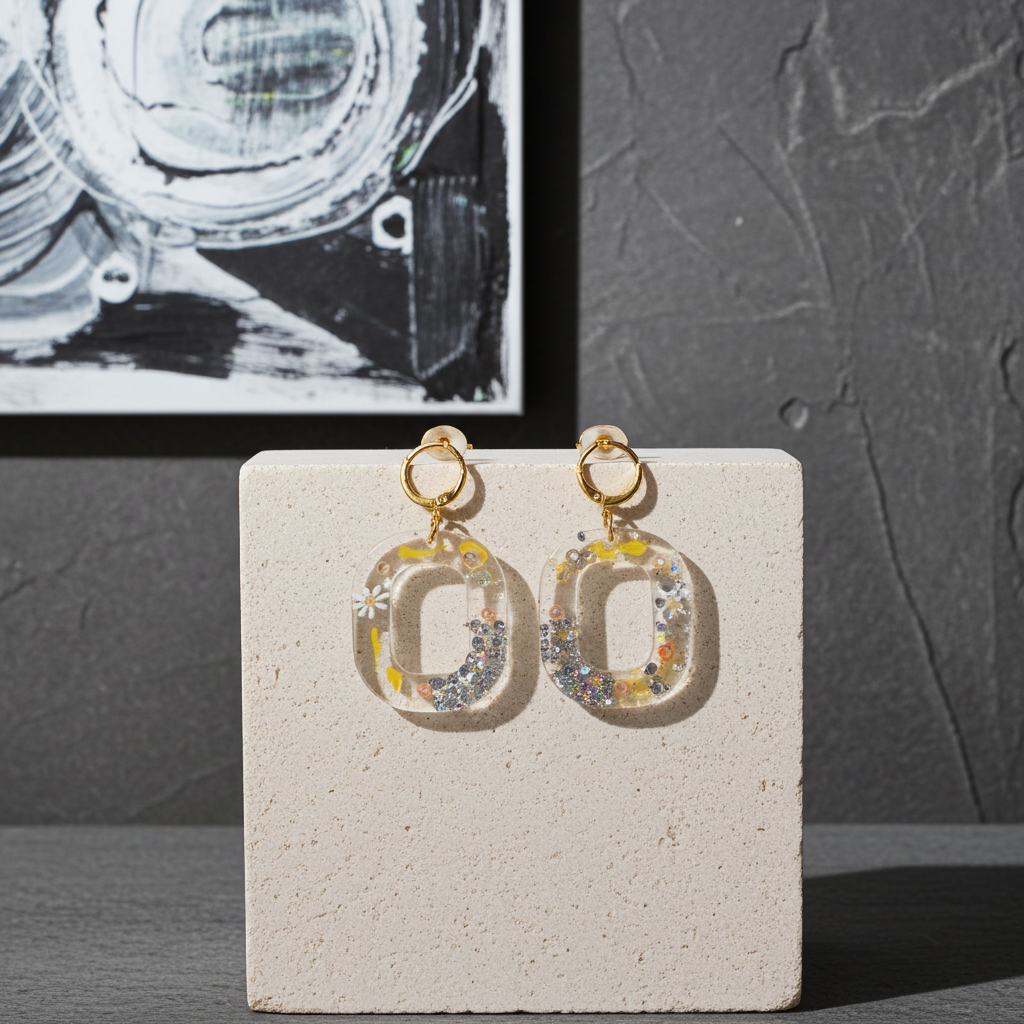 Silver-Plated Daisy Oval Earrings – Resin with Glitter and Floral Accents