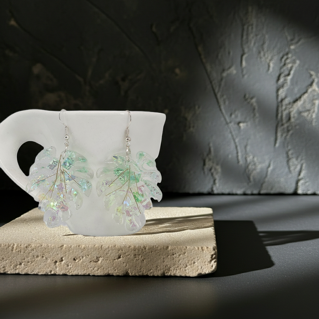 Tropical Mist Leaf Earrings – Iridescent Resin with Stainless Steel Hooks