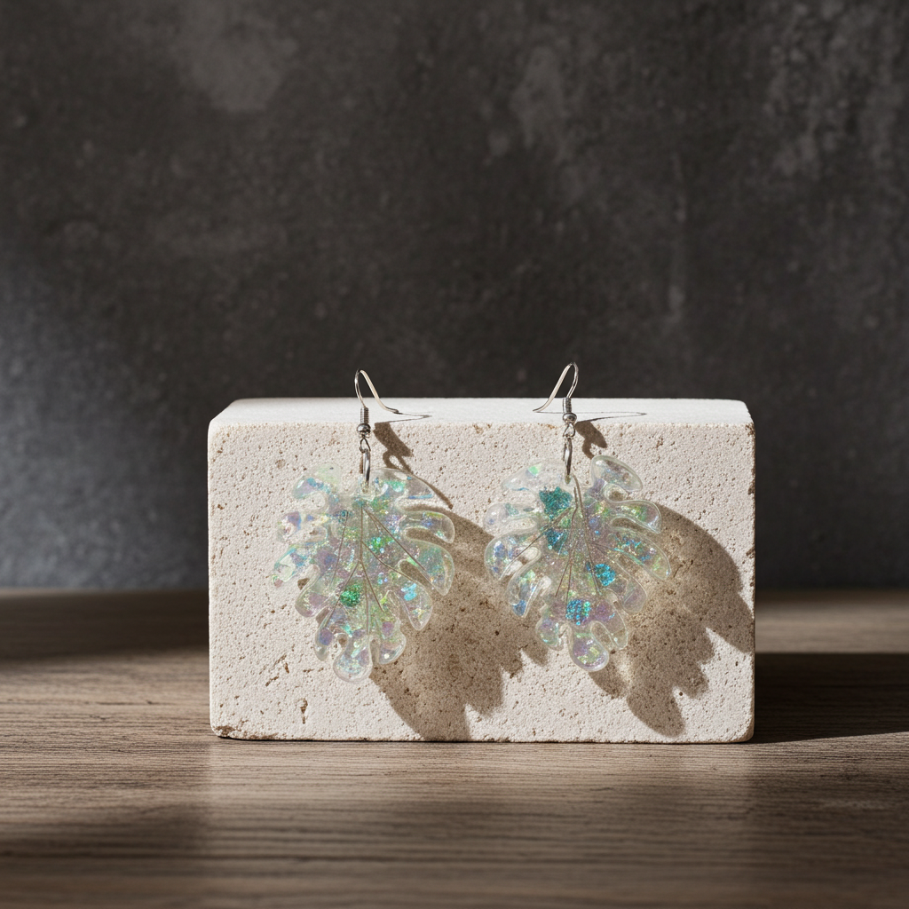 Tropical Mist Leaf Earrings – Iridescent Resin with Stainless Steel Hooks