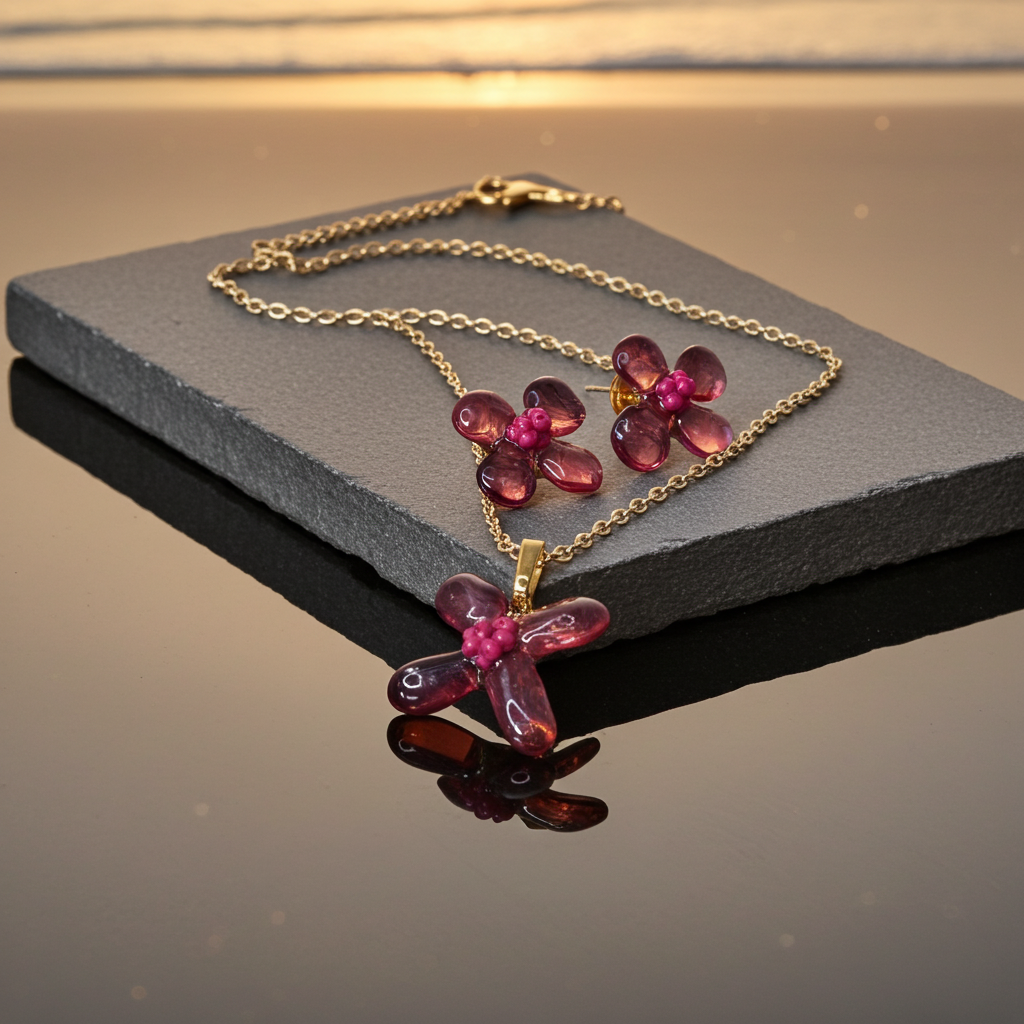 Burgundy Bloom Resin Jewellery Set – Handcrafted Necklace & Earrings | Resin & Root