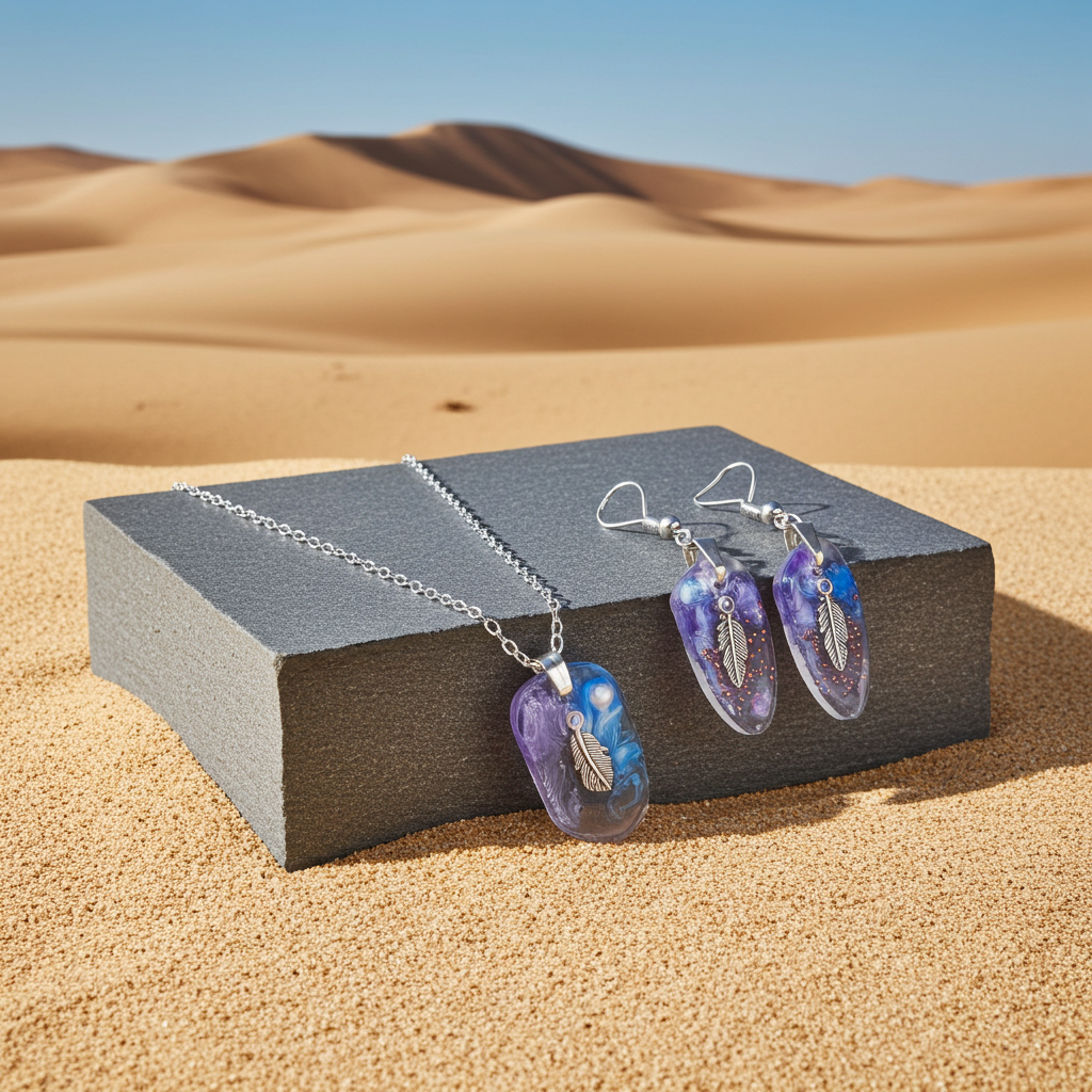 Feather Dream Resin Jewellery Set – Stainless Steel Earrings & Necklace