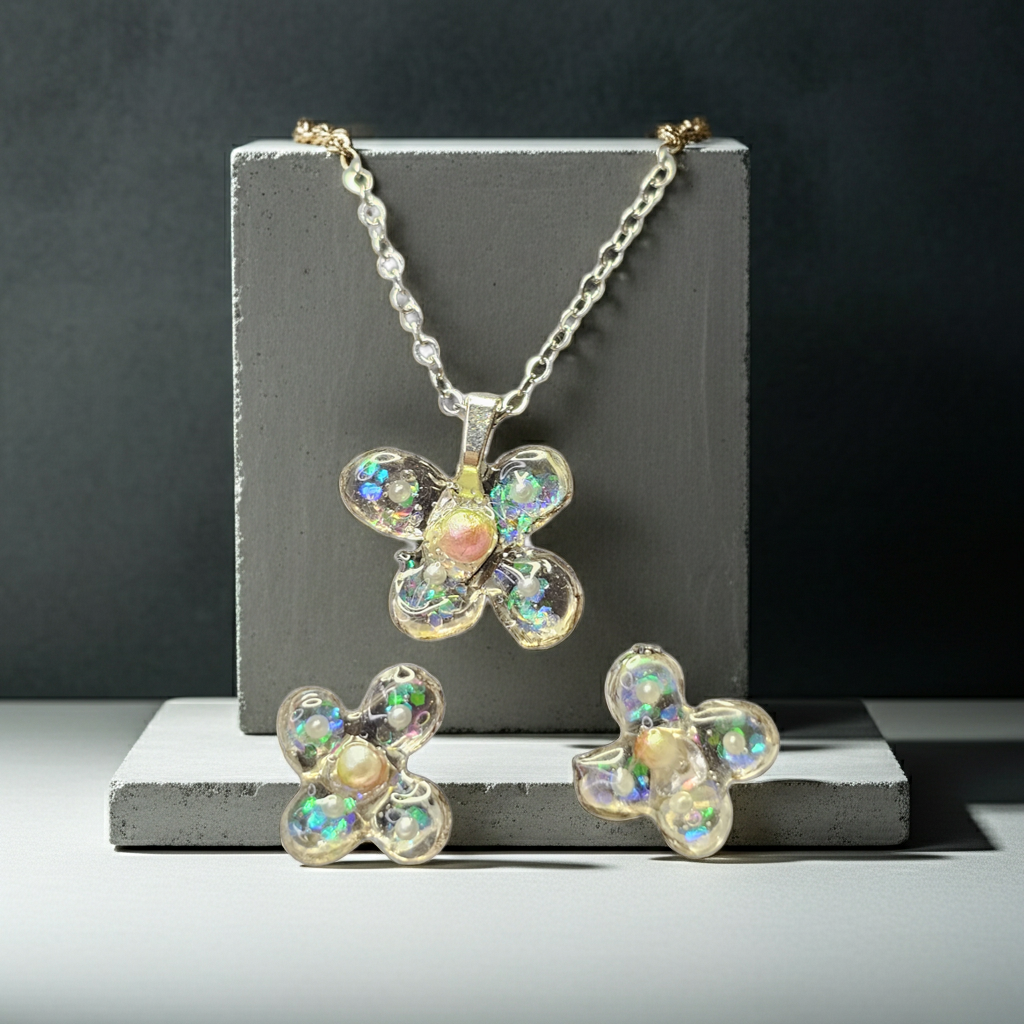 Handmade Crystal Floral Resin Necklace & Earrings Set | Resin & Root