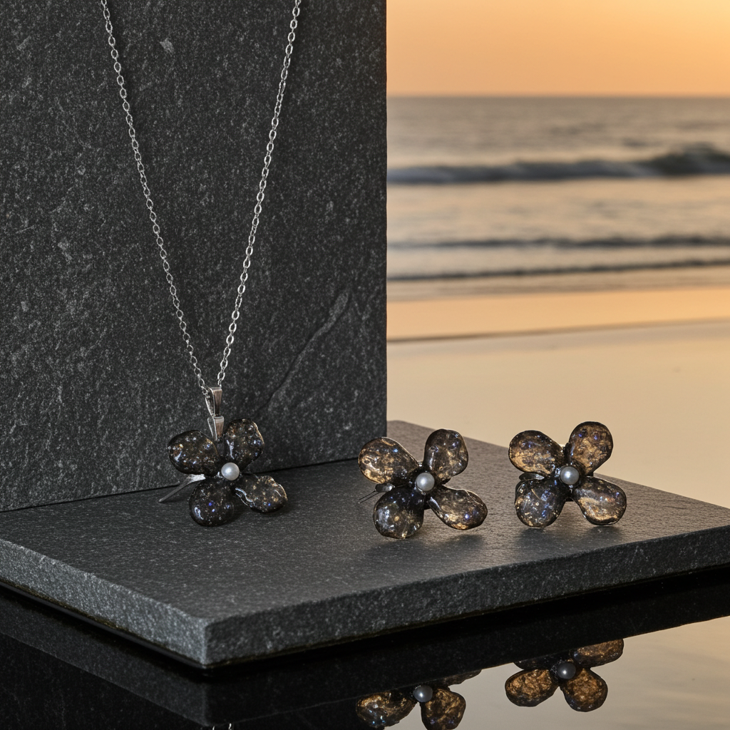 Handmade Dark Pearl Floral Resin Jewellery Set | Necklace, Earrings & Ring – Resin & Root