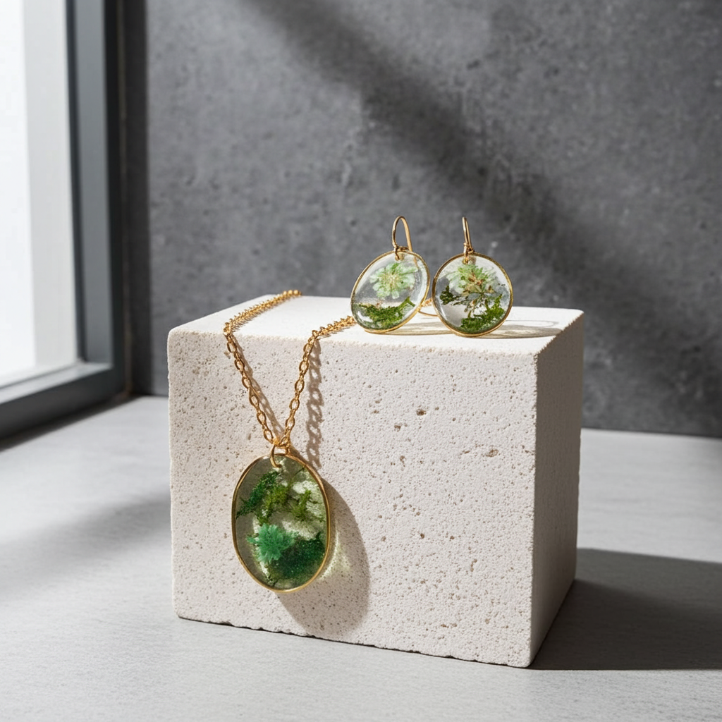 Handmade – Emerald Meadow Resin Jewellery Set (Necklace & Earring)