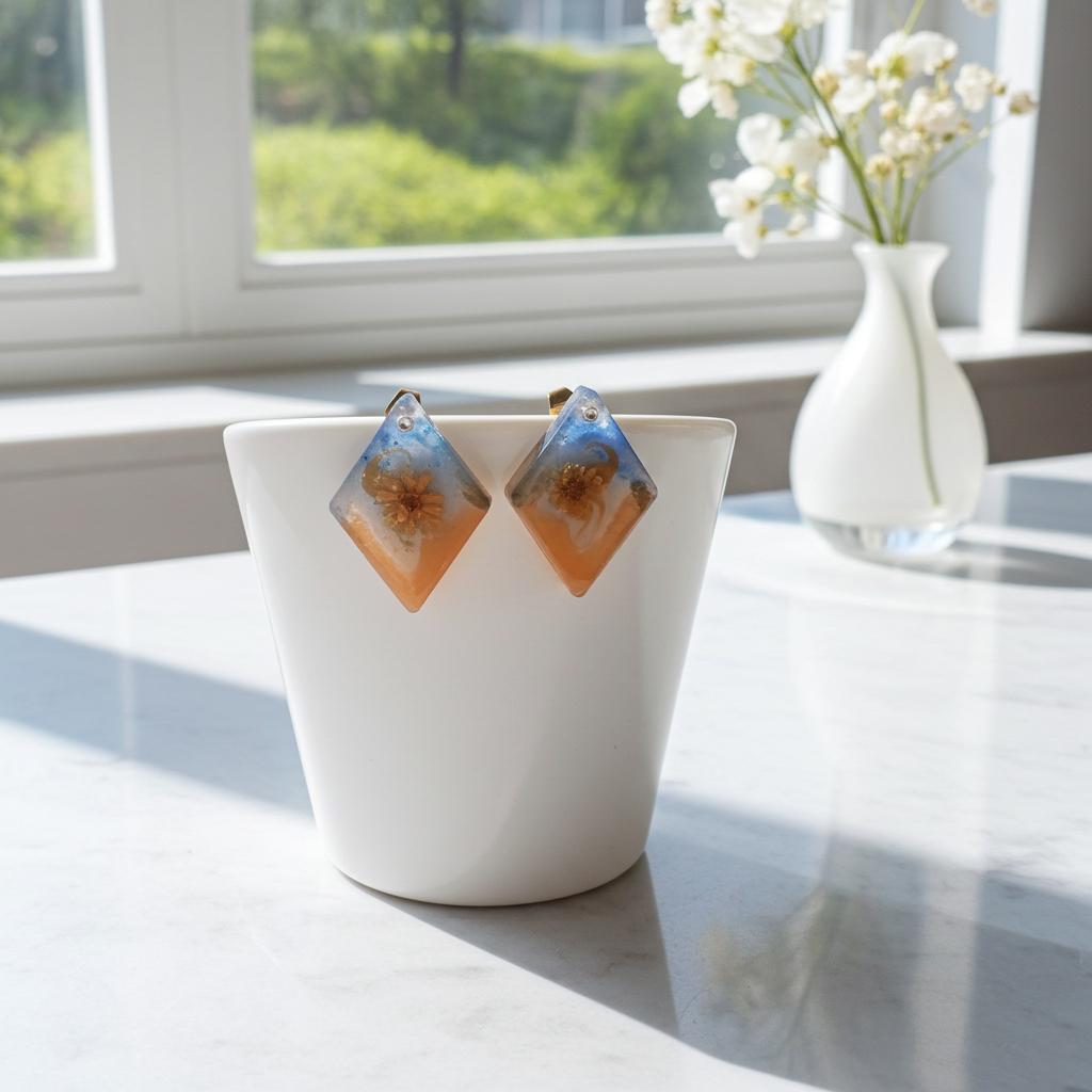 Diamond Resin Earrings with Orange Flowers | Art Collection