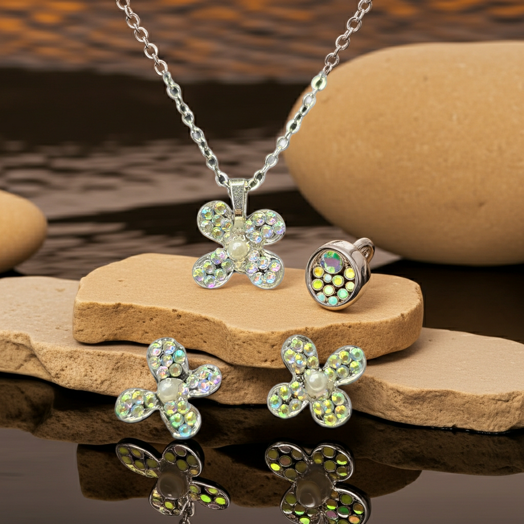 Iridescent Bloom Resin Jewellery Set – Handcrafted Flower Necklace & Earrings | Resin & Root