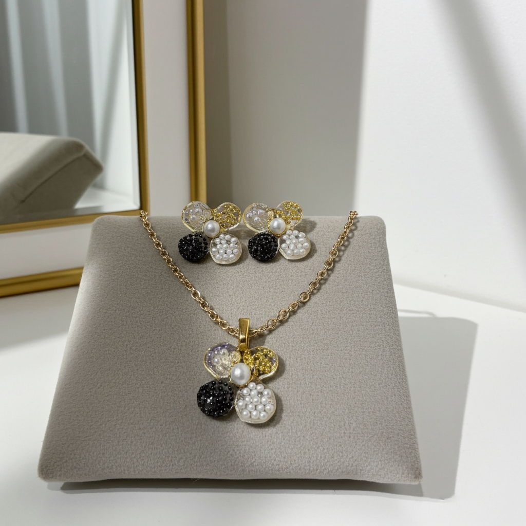Handmade Pearl & Gold Floral Resin Necklace & Earrings Set | Resin & Root