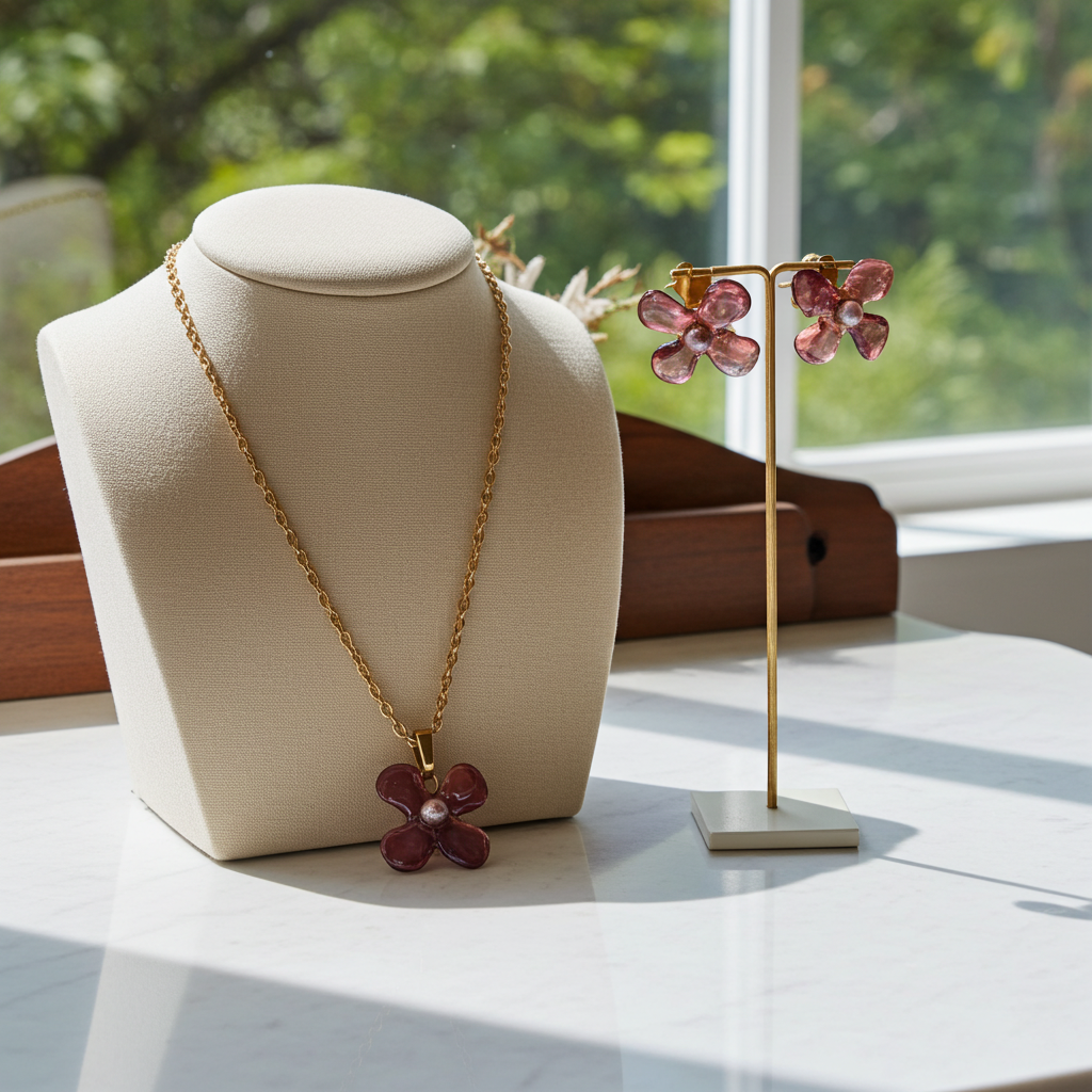 Rose Amethyst Bloom Resin Jewellery Set – Handcrafted Necklace & Earrings | Resin & Root