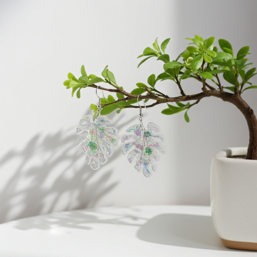 Tropical Mist Leaf Earrings – Iridescent Resin with Stainless Steel Hooks