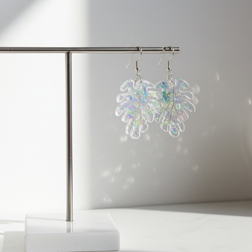 Tropical Mist Leaf Earrings – Iridescent Resin with Stainless Steel Hooks