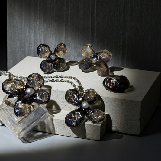 Handmade Dark Pearl Floral Resin Jewellery Set | Necklace, Earrings & Ring – Resin & Root