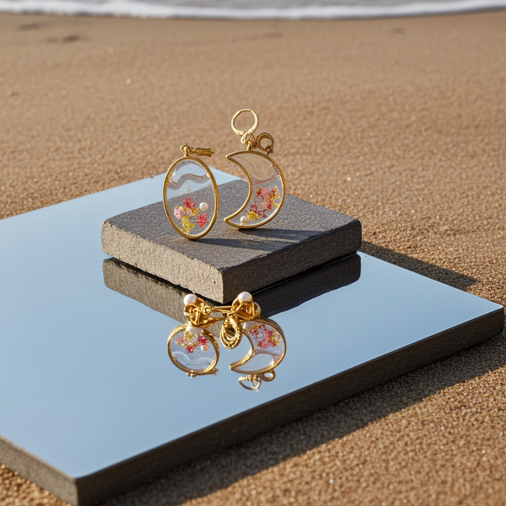 Bloom & Moon – Handmade Resin Earrings (Gold-Tone Mismatch Set)