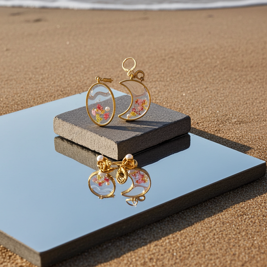 Bloom & Moon – Handmade Resin Earrings (Gold-Tone Mismatch Set)
