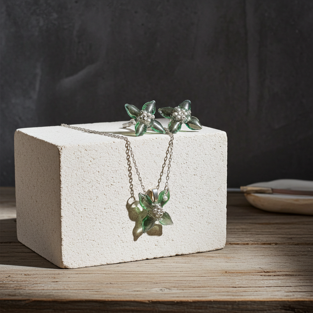Emerald Bloom Resin Jewellery Set – Handcrafted Necklace, Earrings & Bracelet | Resin & Root