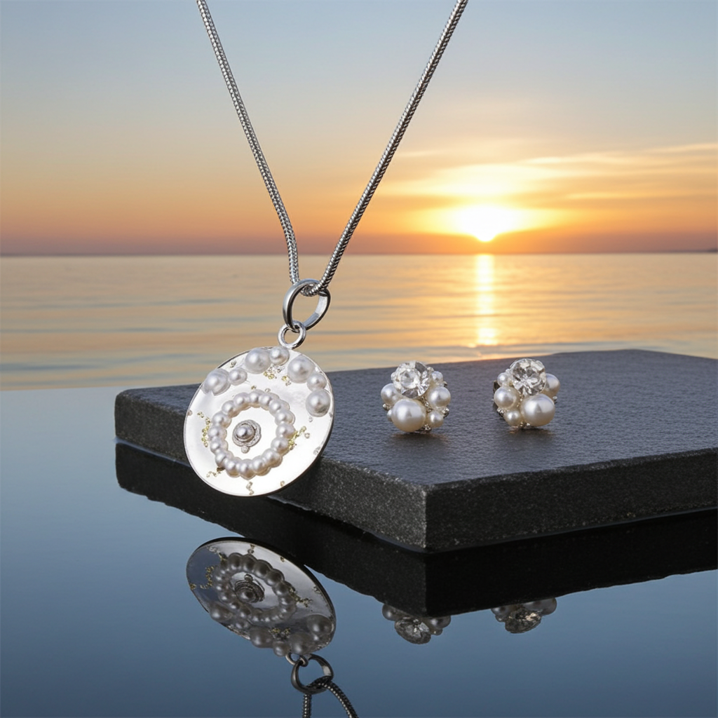 Handmade – Pearl Radiance Resin Jewellery Set (Necklace & Earrings)