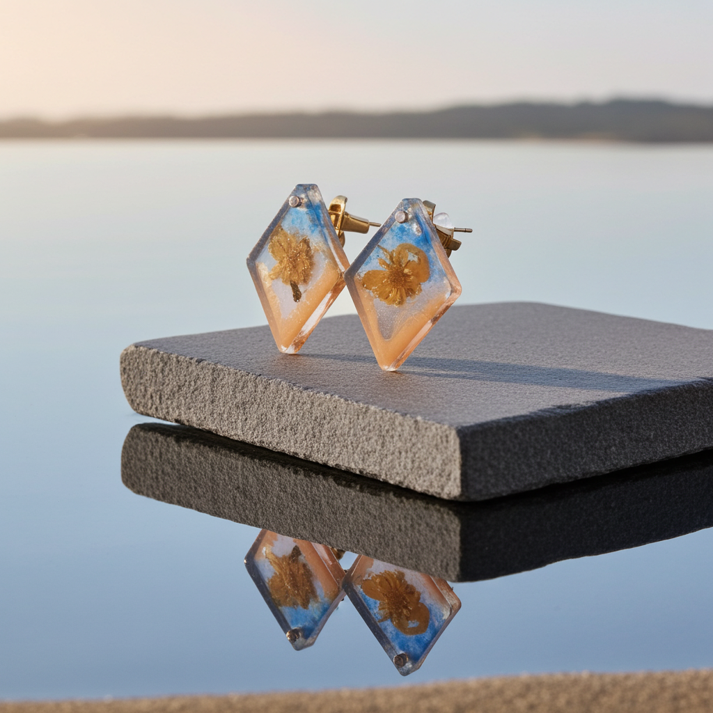 Diamond Resin Earrings with Orange Flowers | Art Collection