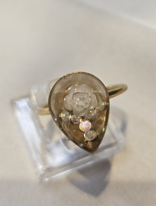 Handmade Teardrop Resin Ring with Floral Detail – One Size Adjustable Ring