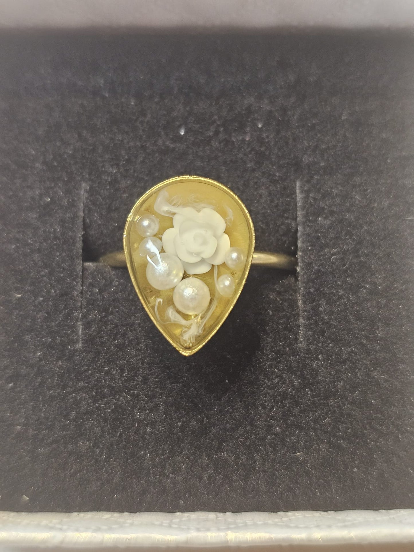 Handmade Teardrop Resin Ring with White Flower & Pearls – One Size Adjustable Gold colour