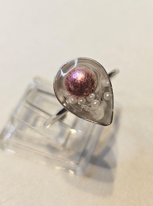 Handmade Teardrop Resin Ring with Iridescent Sphere & Pearls – One Size Adjustable Ring